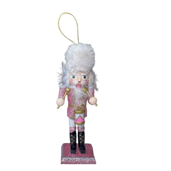 Nutcracker Pink Gold Drummer White Fur Hat Glitter Accents Ornament 5 1/2" - Picture 1 of 4